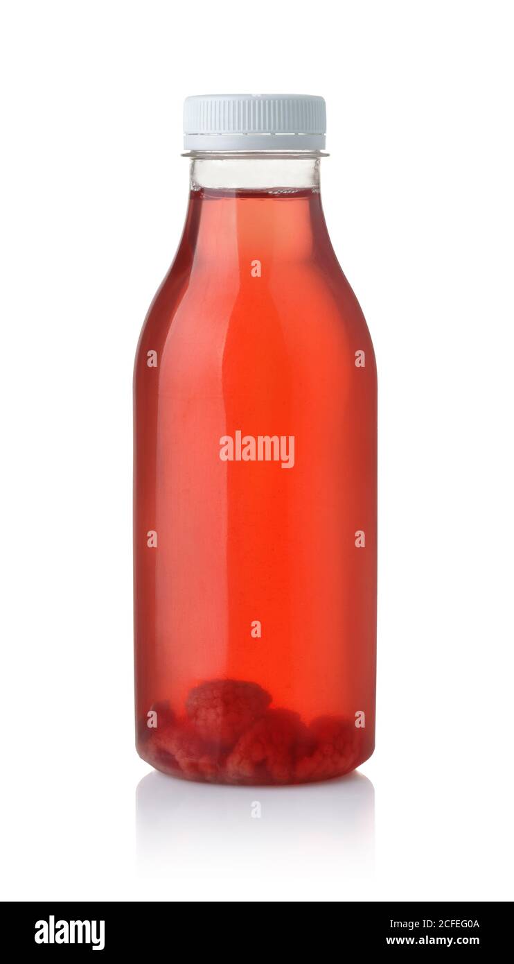 Bottle of homemade raspberry drink isolated on white Stock Photo