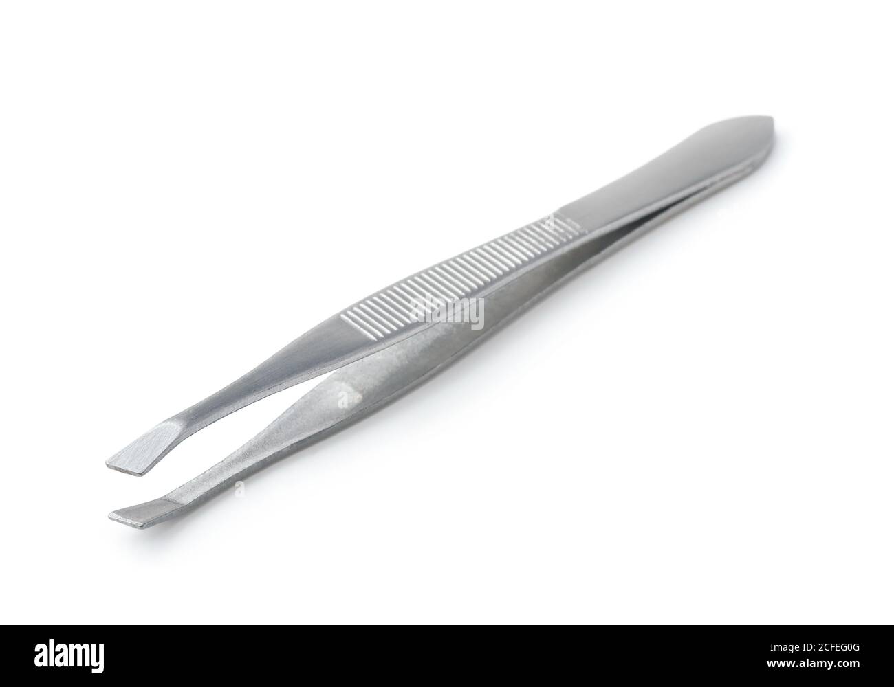 Stainless steel cosmetics tweezers isolated on white Stock Photo