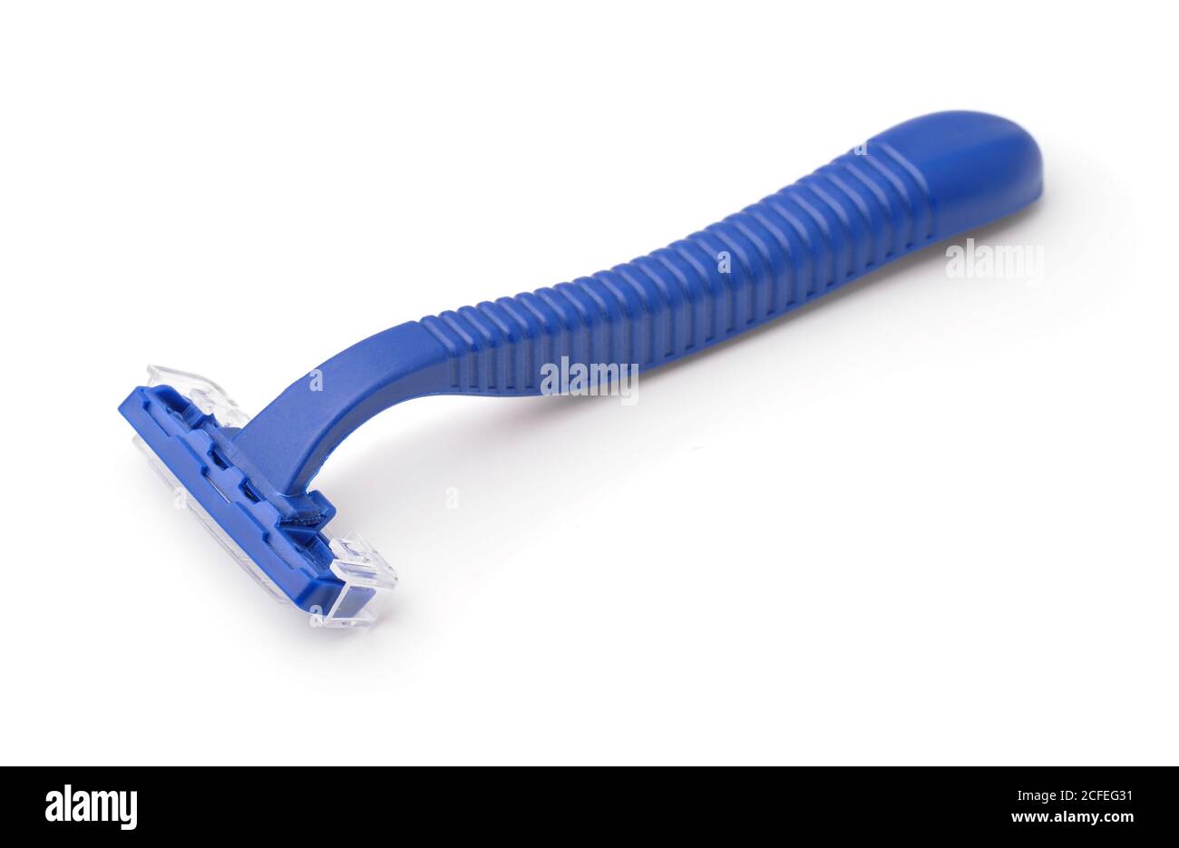 New plastic disposable blue razor isolated on white Stock Photo