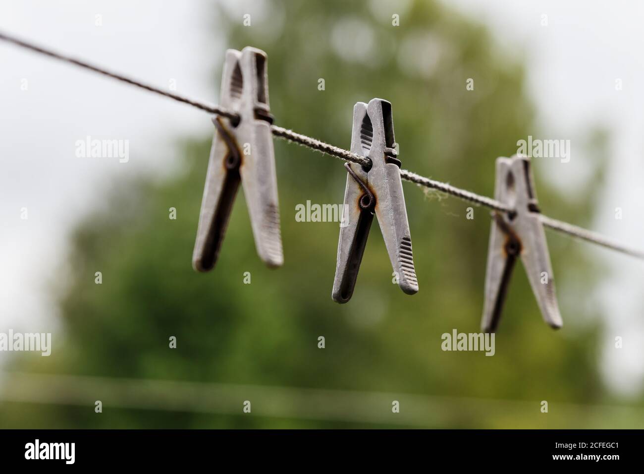 clothespins hanging on a rope. Three clothespins hang from a