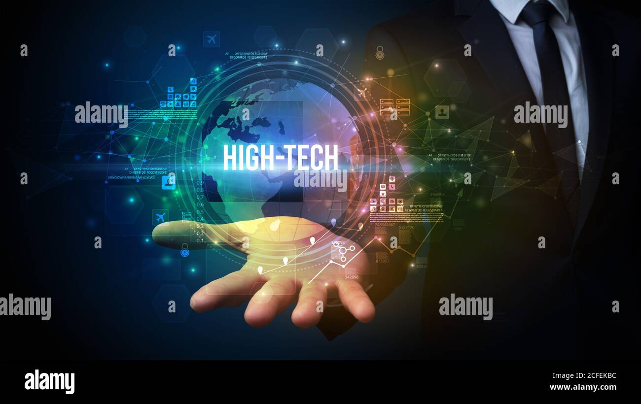 Elegant hand holding HIGH-TECH inscription, digital technology concept ...