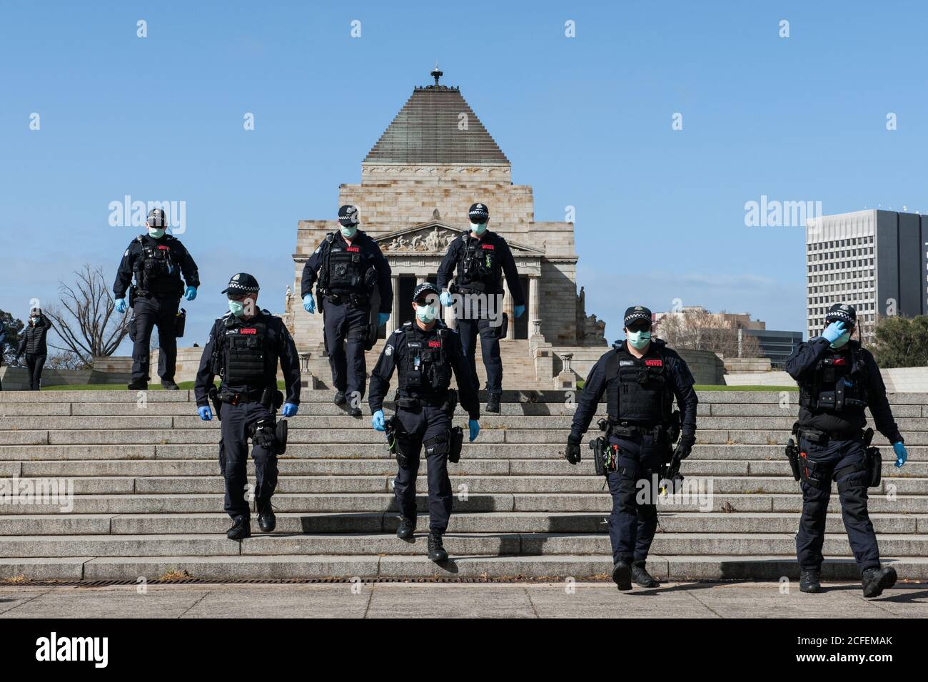 Melbourne, Australia 5 Sep 2020, Victorian Police Public Order Officers patrol the shrine forecourt before the Freedom Day Anti-mask and anti lockdown protest at the Shrine of Remembrance in Melbourne Australia. Credit: Michael Currie/Alamy Live News Stock Photo