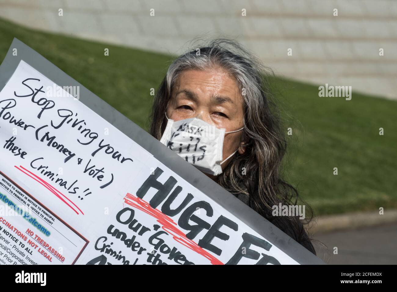 Melbourne, Australia 5 Sep 2020, a female protestor holds her placard at the Freedom Day Anti-mask and anti lockdown protest on the steps of the Shrine of Remembrance in Melbourne Australia. Credit: Michael Currie/Alamy Live News Stock Photo