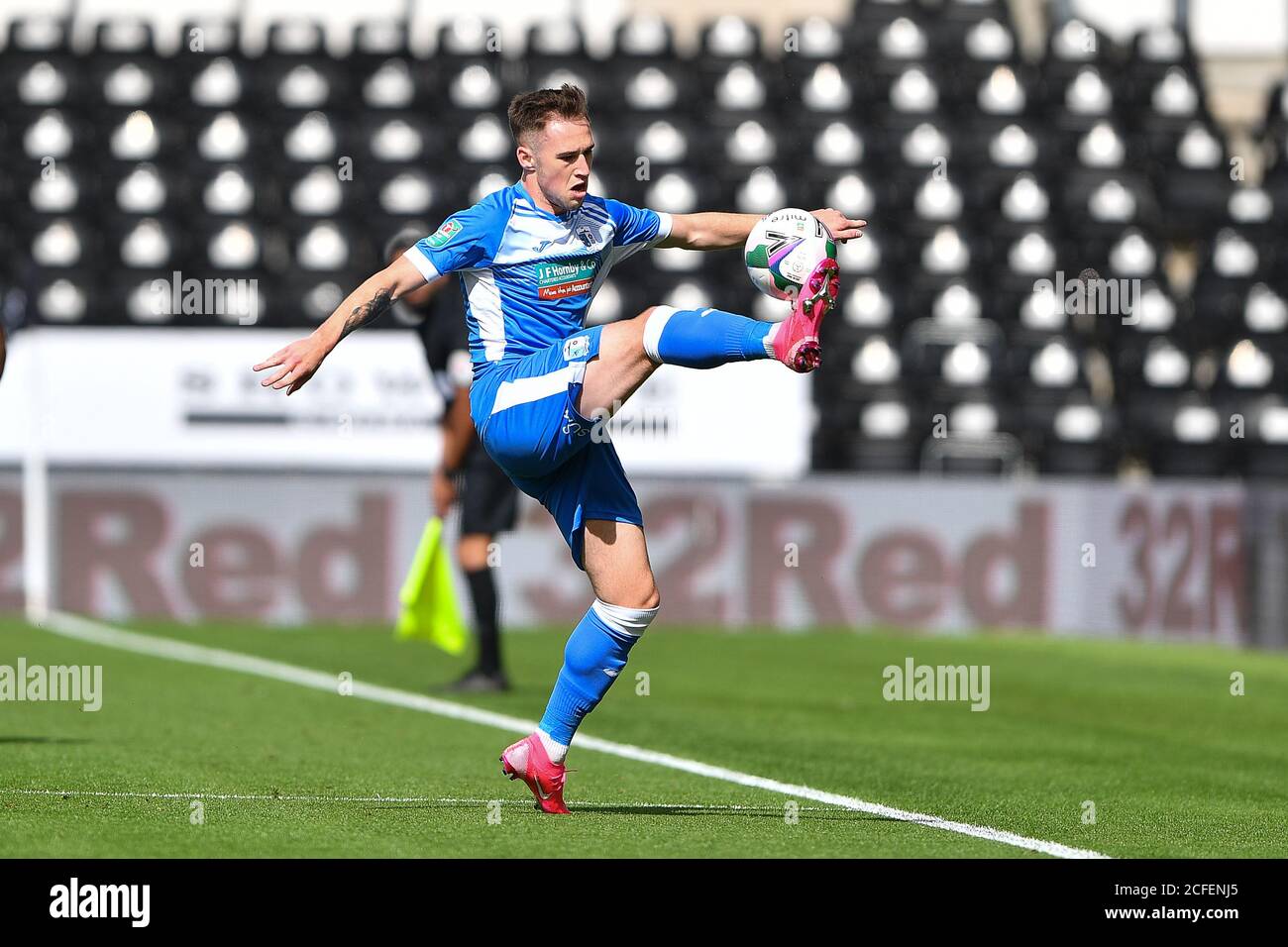 DERBY, ENGLAND. SEPTEMBER 5TH Josh Kay of Barrow controls the ball during the Carabao Cup match between Derby County and Barrow at the Pride Park, Derby (Credit: Jon Hobley | MI News) Credit: MI News & Sport /Alamy Live News Stock Photo