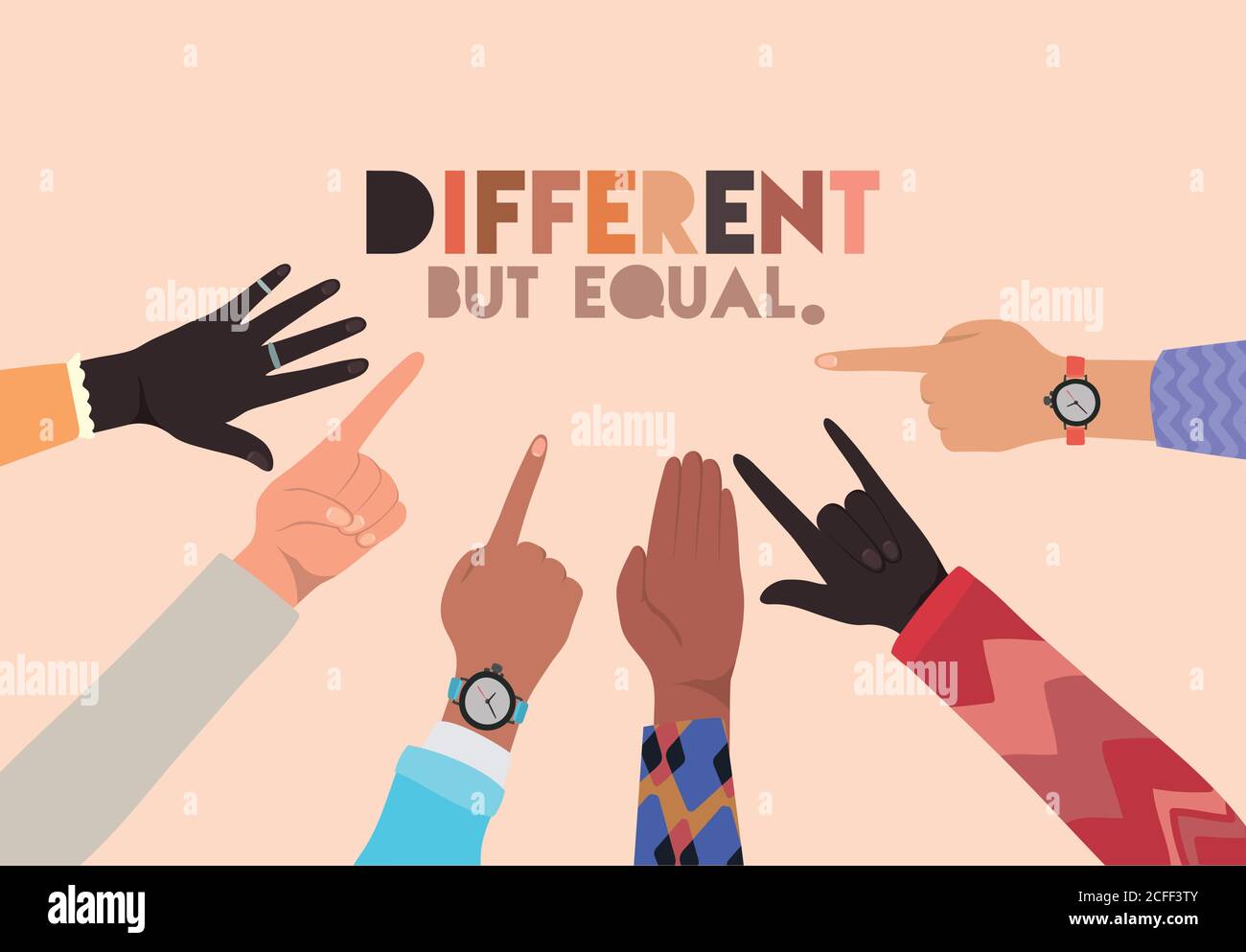 different but equal and diversity skin hands vector design Stock Vector