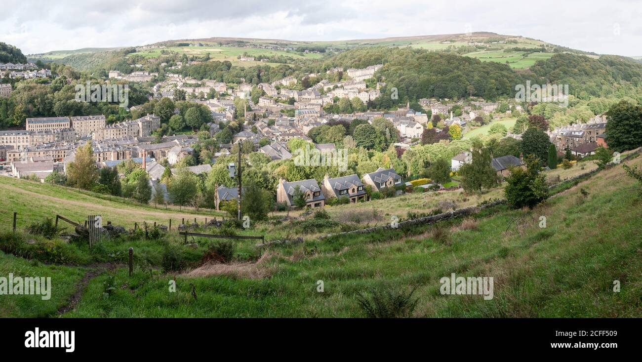 Around the UK - Hebden Bridge 'Happy Valley' from the path to Studley Pike Monument, on the moorland above Hebden Bridge in West Yorkshire, UK Stock Photo