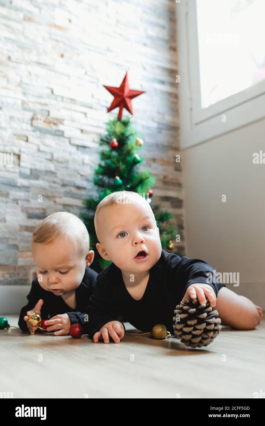 Twins on floor near Christmas tree Stock Photo