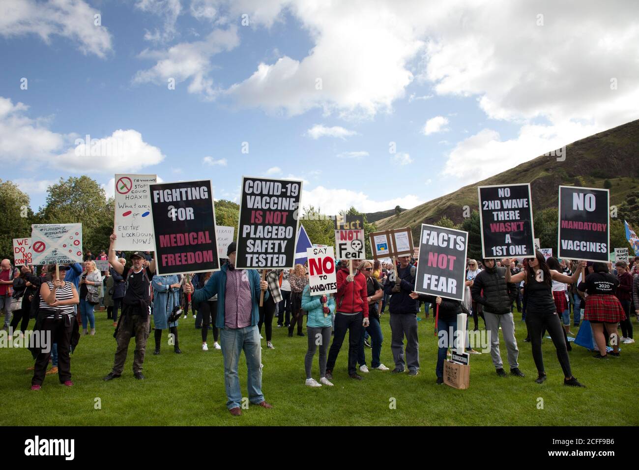 Edinburgh, Scotland, UK. 5 September 2020. 'Saving Scotland' group, anti- lockdown rally at the Scottish Parliament. Hundreds of all ages turned out for a peaceful demonstration at Holyrood. Credit: Arch White/ Alamy Live News. Stock Photo