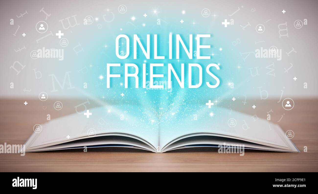 Open book with ONLINE FRIENDS inscription, social media concept Stock ...