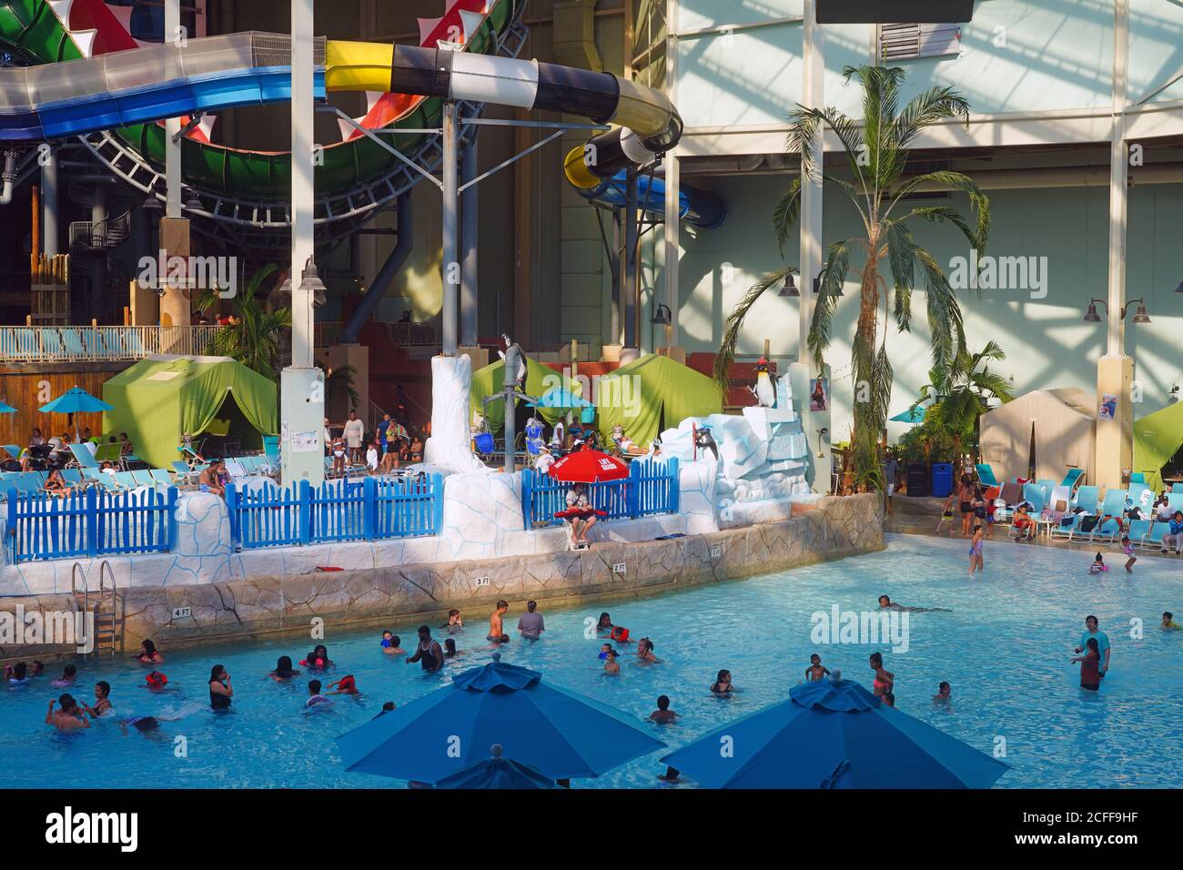 TANNERSVILLE, PA -30 AUG 2020- View of the Aquatopia indoor waterpark at the Camelback Mountain Resort, a large ski resort in the Poconos mountains in Stock Photo
