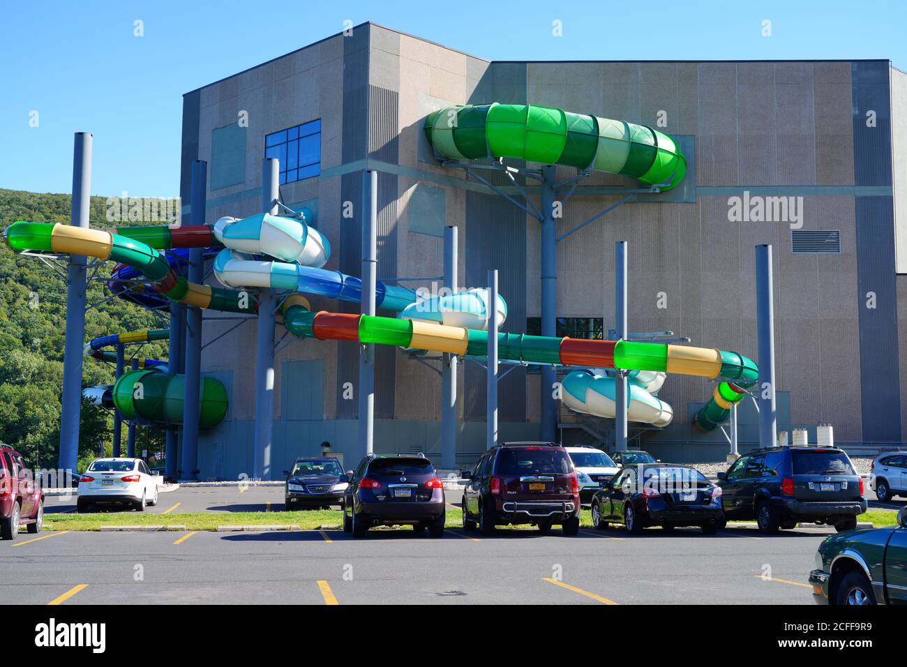TANNERSVILLE, PA -30 AUG 2020- View of the Aquatopia indoor waterpark at the Camelback Mountain Resort, a large ski resort in the Poconos mountains in Stock Photo