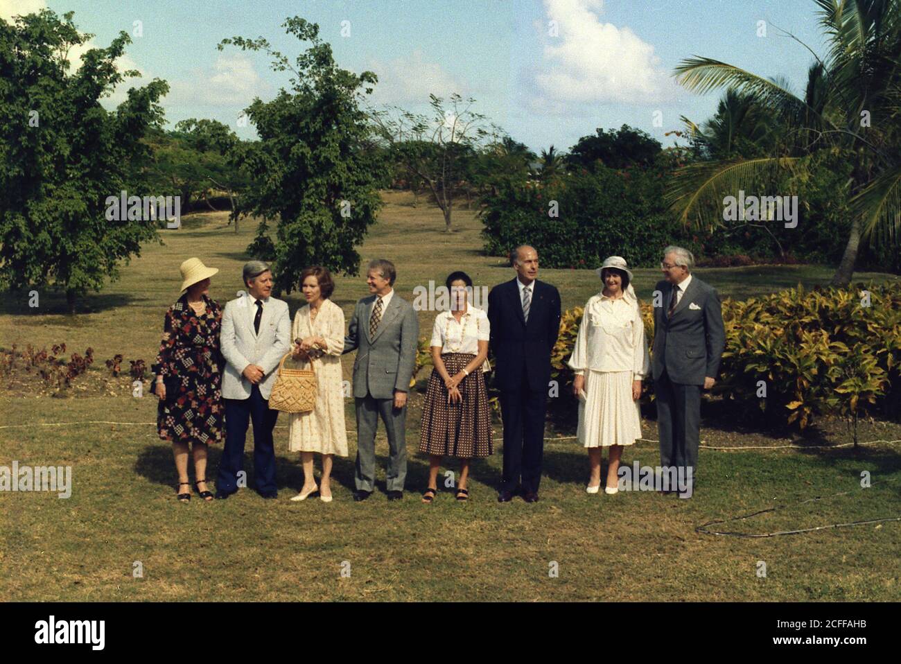 'Jimmy Carter and leaders of Western Europe, Helmut Schmidt, Giscard d'Estaing and James Callaghan pose with their wives while meeting in Guadeloupe. ca.  01/05/1979' Stock Photo