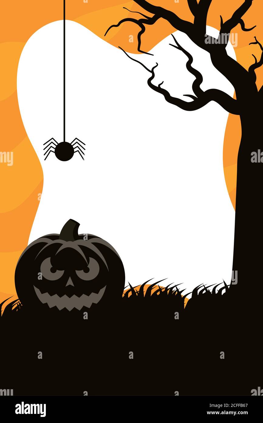 happy halloween card with pumpkin and spider hanging vector ...