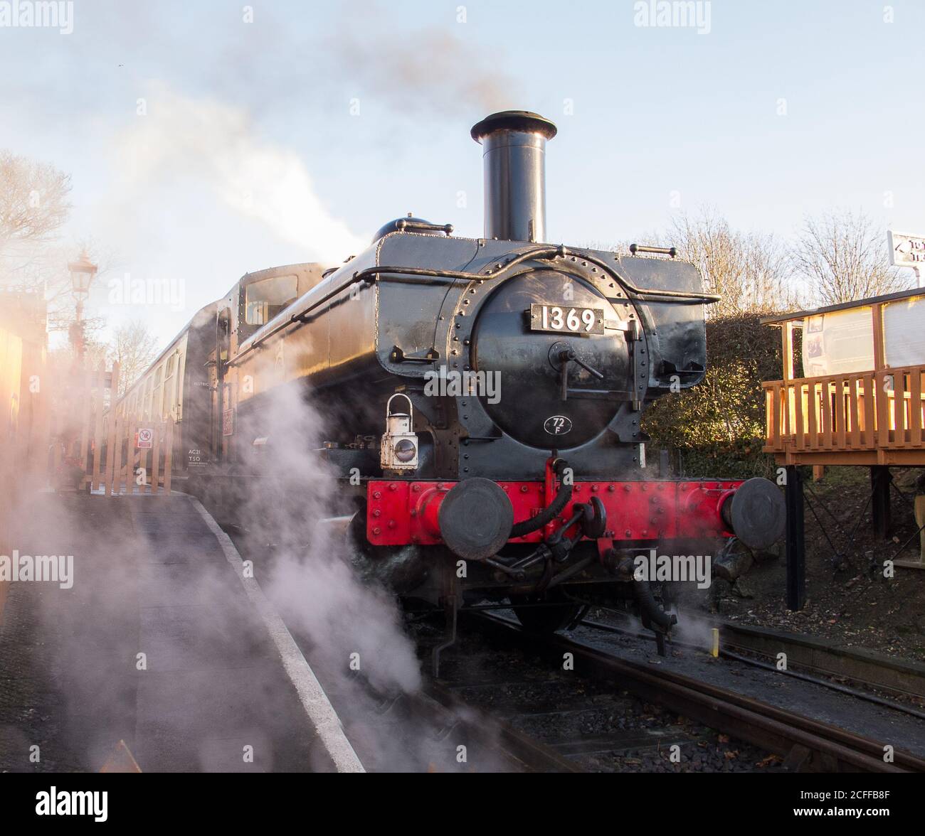 Front view of steam train at Chinnor station, Chilterns, England, UK