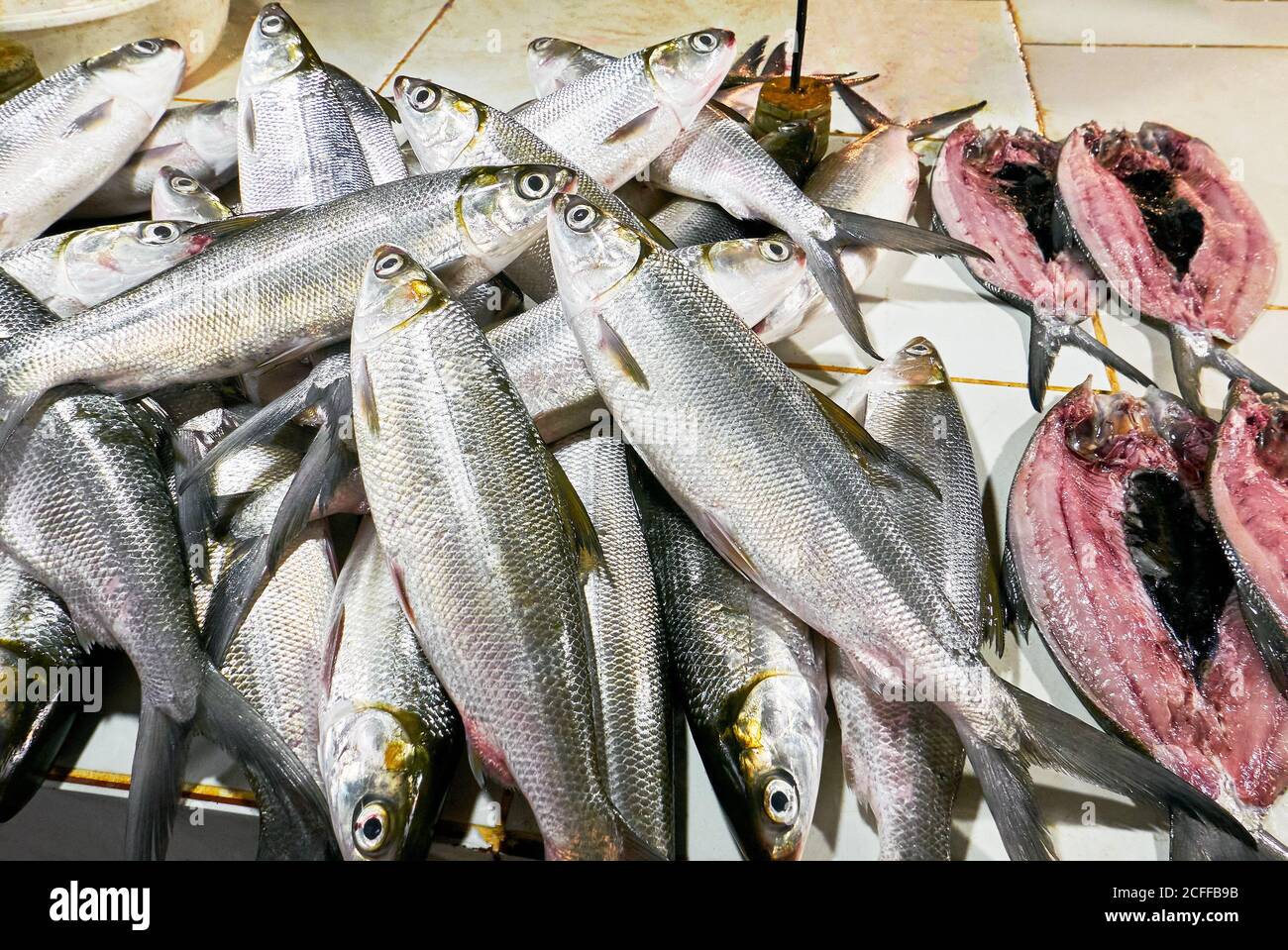 Isolated close-up of a heap of silver colored fresh bangus milk fish for sale at the Central Market in Iloilo City, Philippines Stock Photo