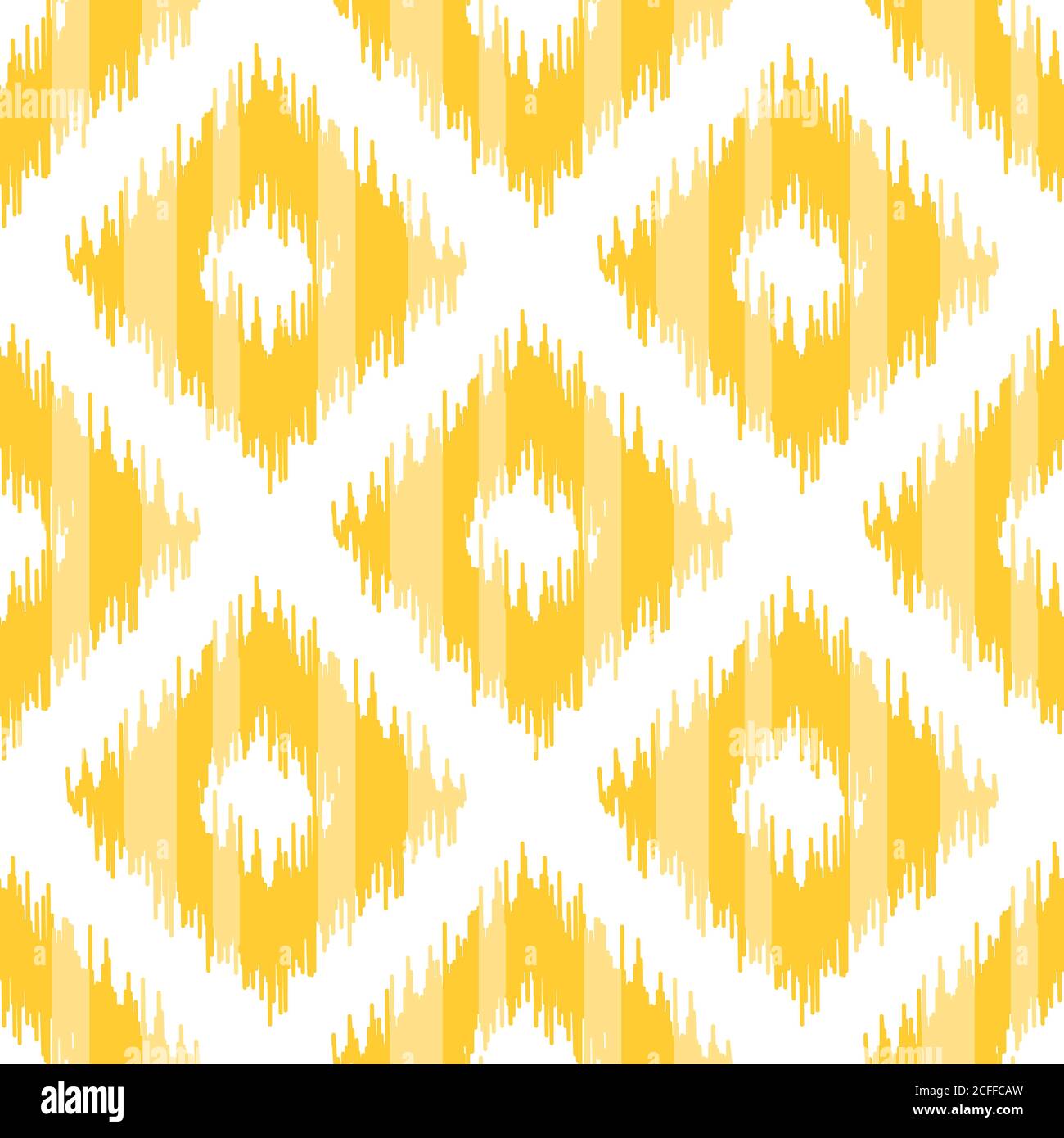Seamless geometric pattern, based on ikat fabric style. Vector illustration. Yellow diamond shapes on white background. Stock Vector