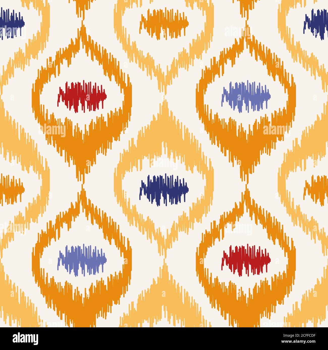 Seamless geometric pattern, based on ikat fabric style. Vector illustration. Oriental rug pattern, in yellow, orange and red. Yellow ogee pattern. Stock Vector