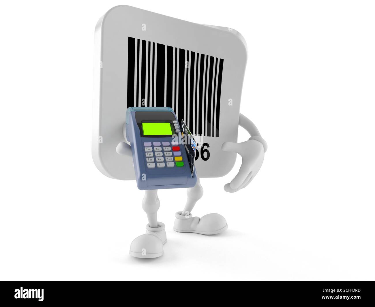 Barcode character holding credit card reader isolated on white ...