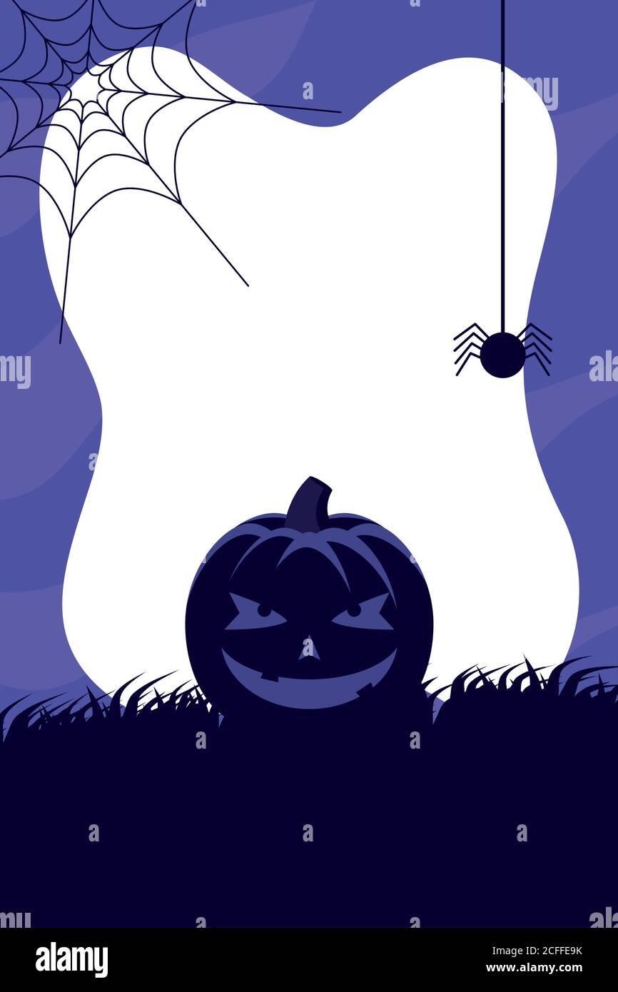 happy halloween card with pumpkin and spider hanging scene vector ...