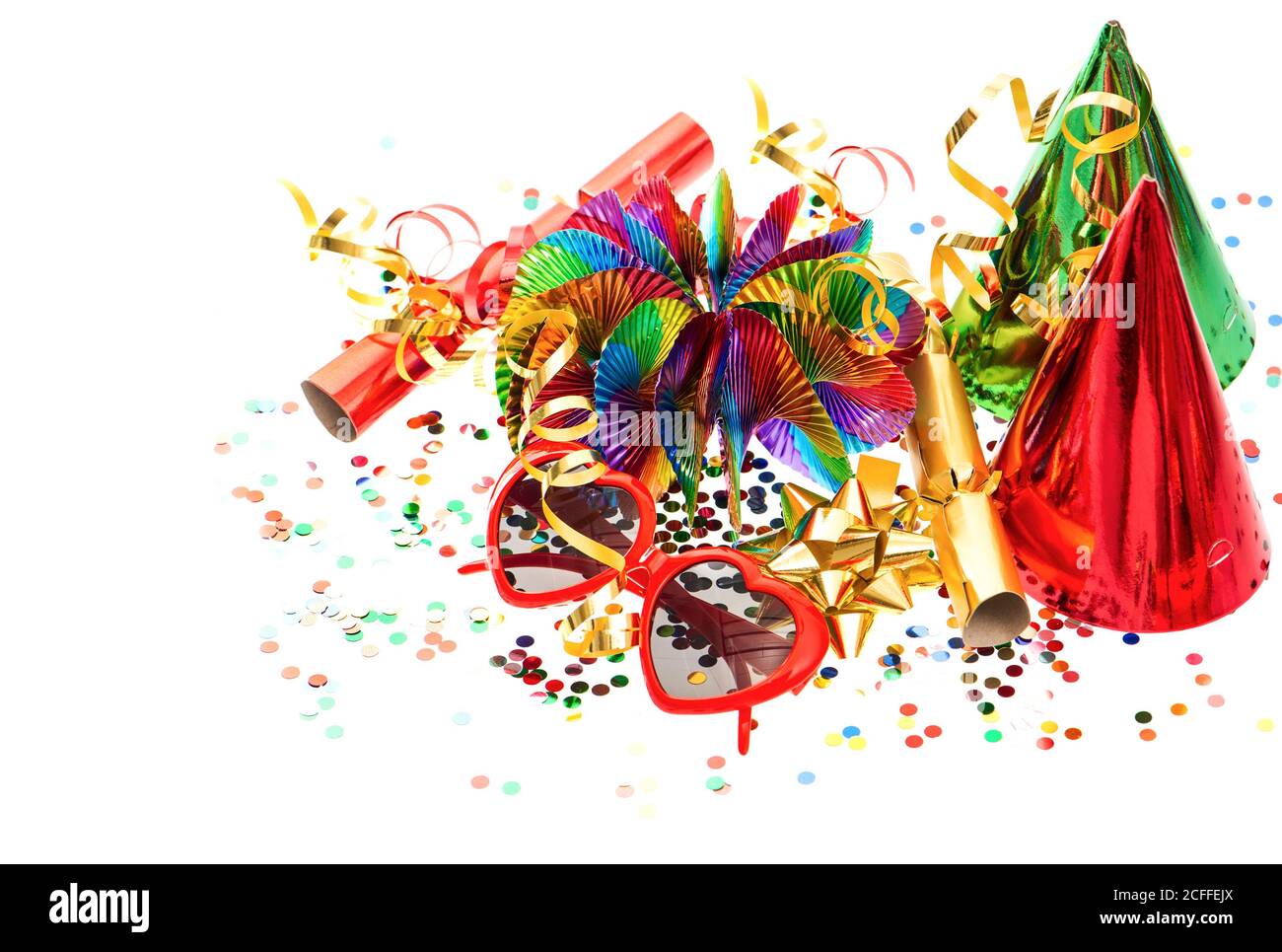 Party decoration garlands, streamer, cracker and confetti. Birthday, carnival, holidays background Stock Photo