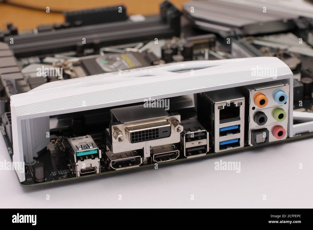 Buenos Aires, Argentina - August 2,2019: Input and output ports on the back panel of a motherboard. Stock Photo