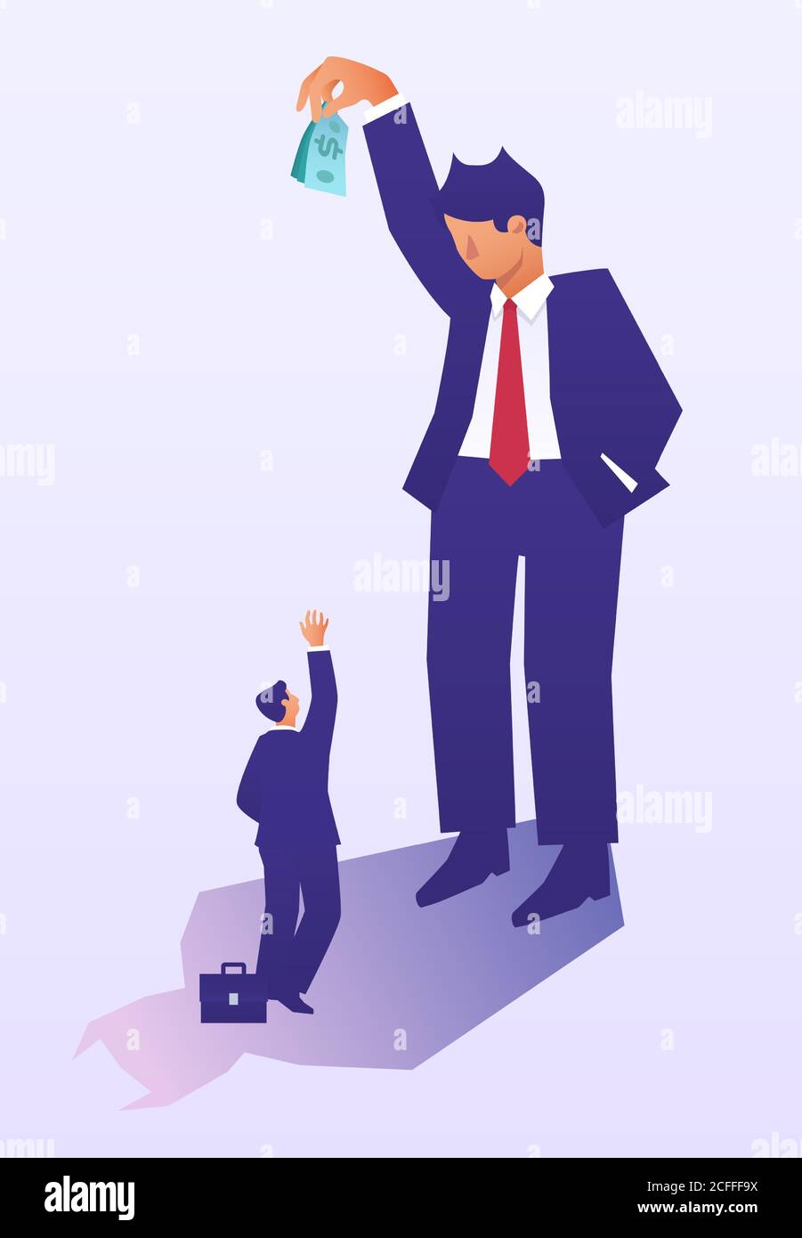 Cut wages - business illustration. Big Boss takes away money from tiny employee. Cut of salary, income or payments during finance crisis Stock Vector