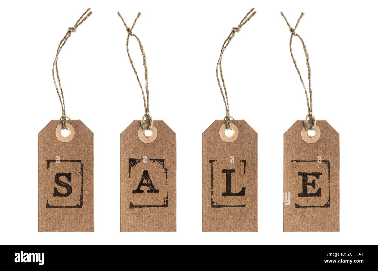 Brown recycled paper tags with letters SALE isolated on white background Stock Photo