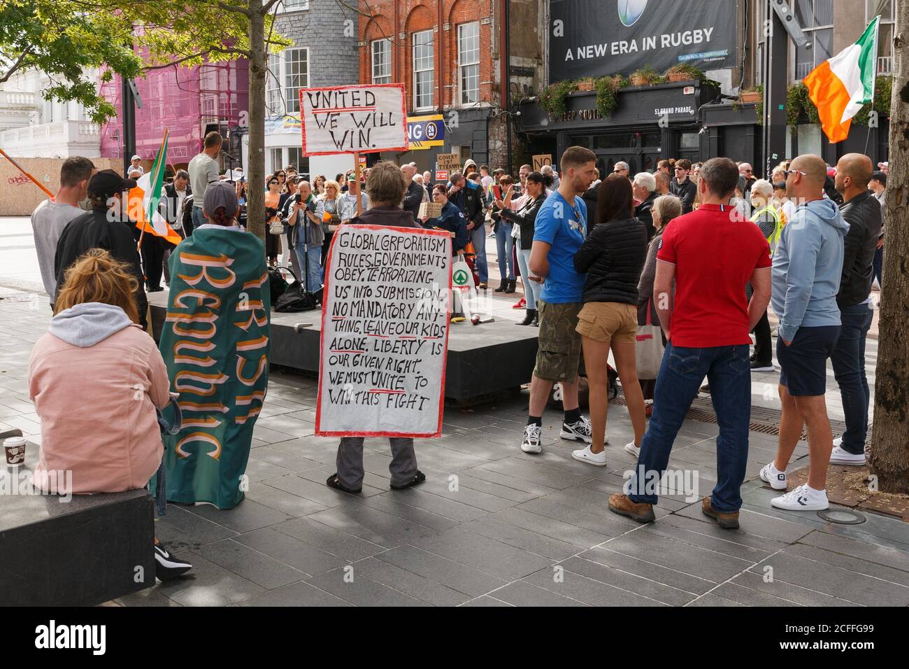 Cork, Ireland. 5th Sep, 2020. Anti-Mask Protest, Cork City. At 1pm today people started gathering on Grand Parade outside the city library to protest the Covid-19 guidelines that requires the public to wear face coverings and masks. Credit: Damian Coleman/Alamy Live News Stock Photo