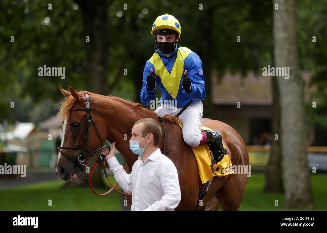 Dream Of Dreams ridden by Oisin Murphy after winning the Betfair Sprint Cup Stakes during Betfair Sprint Cup Day 2020 at Haydock Racecourse, Newton-le-Willows. Stock Photo