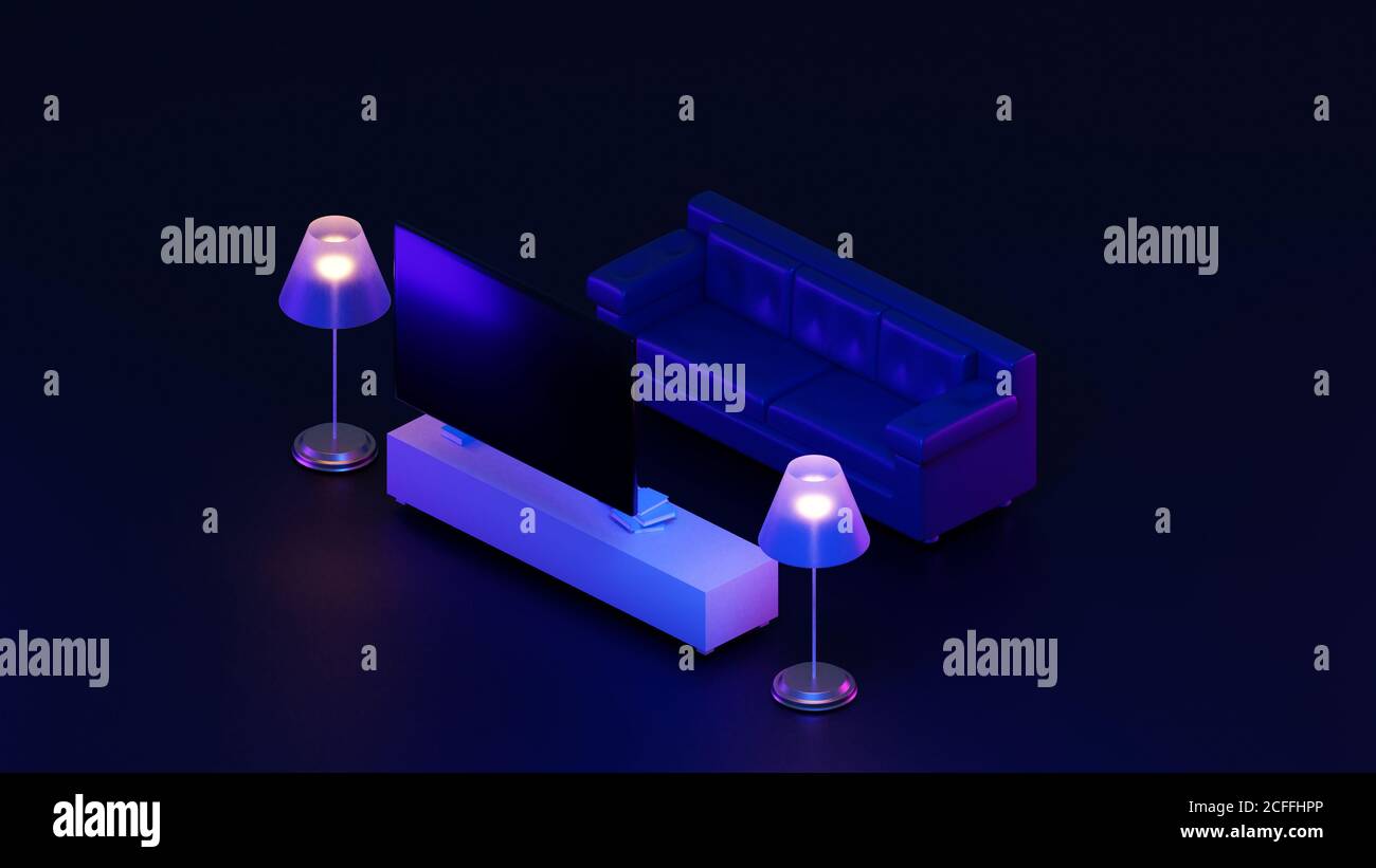 3d rendering isometric dark living room with couch, television, shelf ...