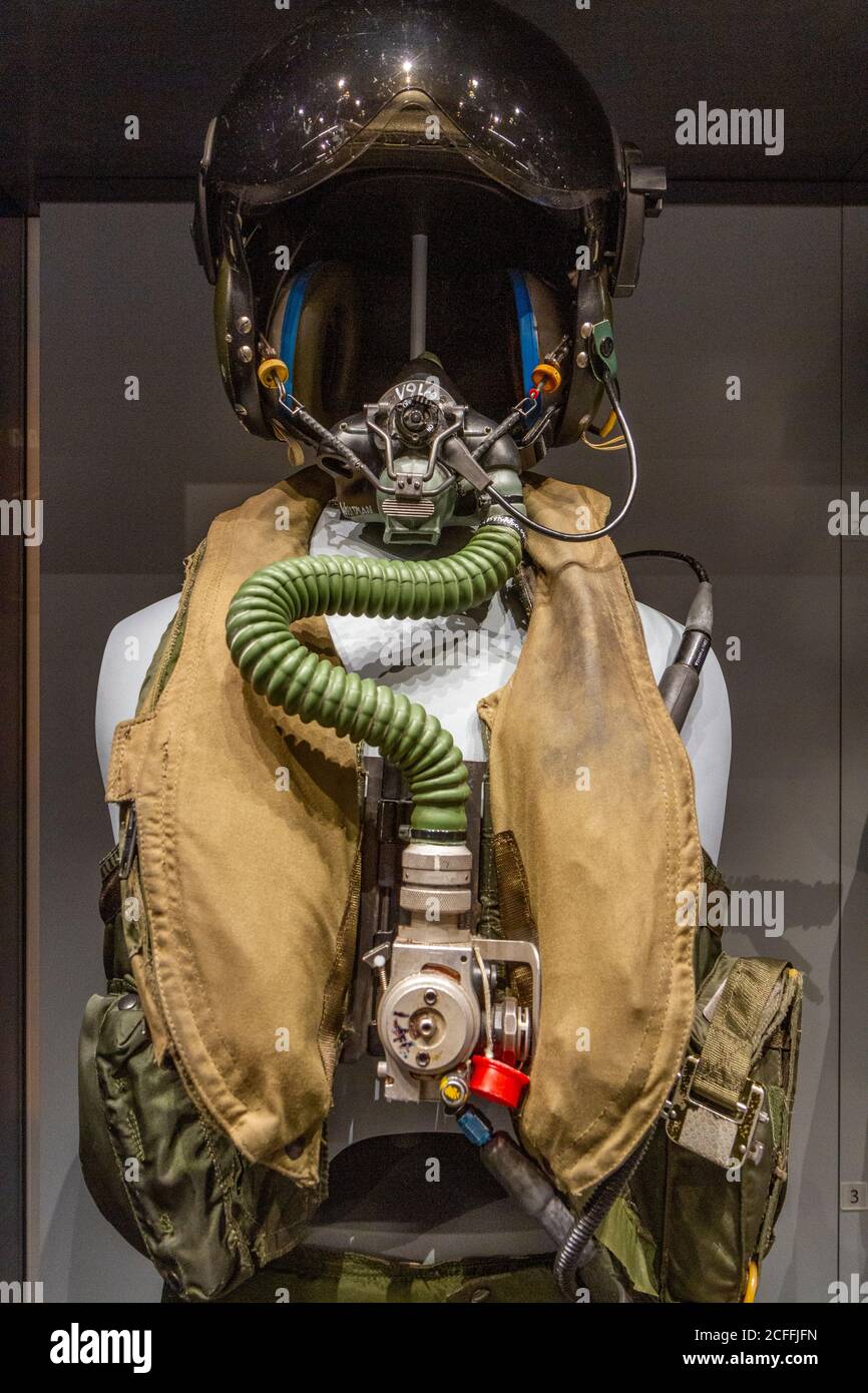 Pilot equipment (1980s-90s) inc Mk 48 aircrew helmet, type V9 oxygen mask, type 317A oxygen regulator & Mk 20 lift jacket, RAF Museum, London, UK. Stock Photo