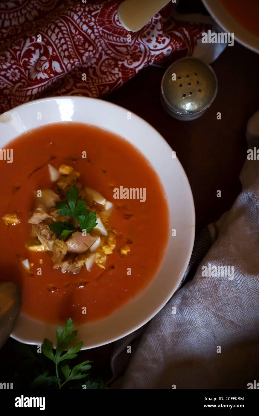 Bowls of fresh tomato soup Stock Photo