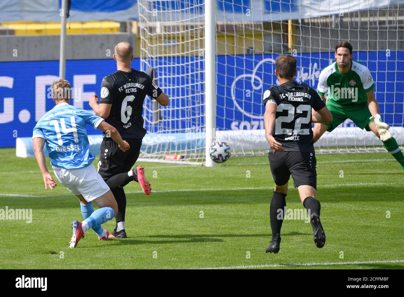 Muenchen GRUENWALDER STADION. 10th Apr, 2021. Mael CORBOZ (Verl), action,  duels versus Dennis DRESSEL (TSV Munich 1860). Soccer 3rd league, Liga3, TSV  Munich 1860 - SC Verl 3-2, on April 10th, 2021