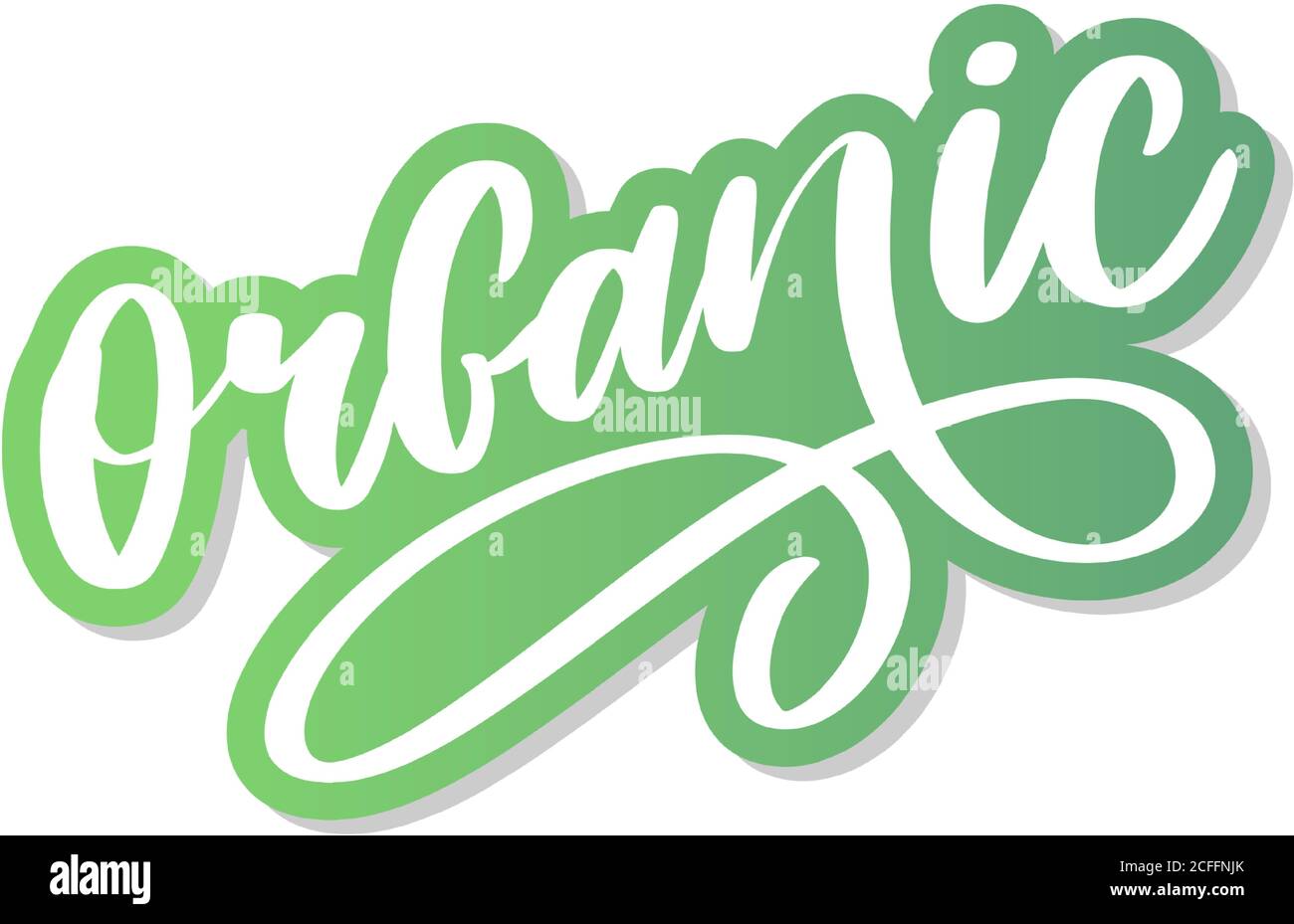 Organic brush lettering. Hand drawn word organic with green leaves