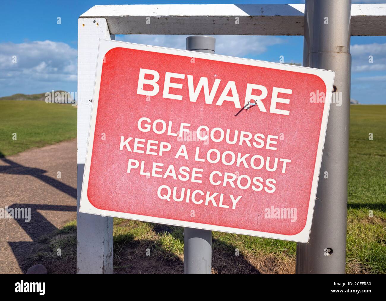 Beware Golf Course Keep A Lookout Please Cross Quickly, North Berwick, East Lothian, Scotland, UK. Stock Photo