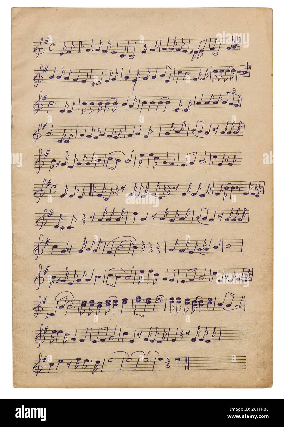 Paper sheet with handwritten musical notes. Background for scrapbook