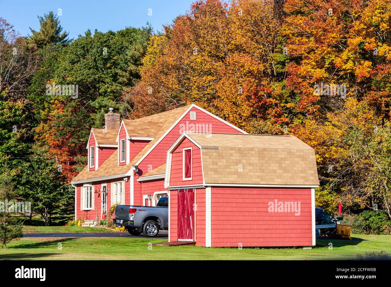 Autumn Color in Eastern Maine on South Freeport Road, Maine, going to Portland, Maine, in October. Stock Photo
