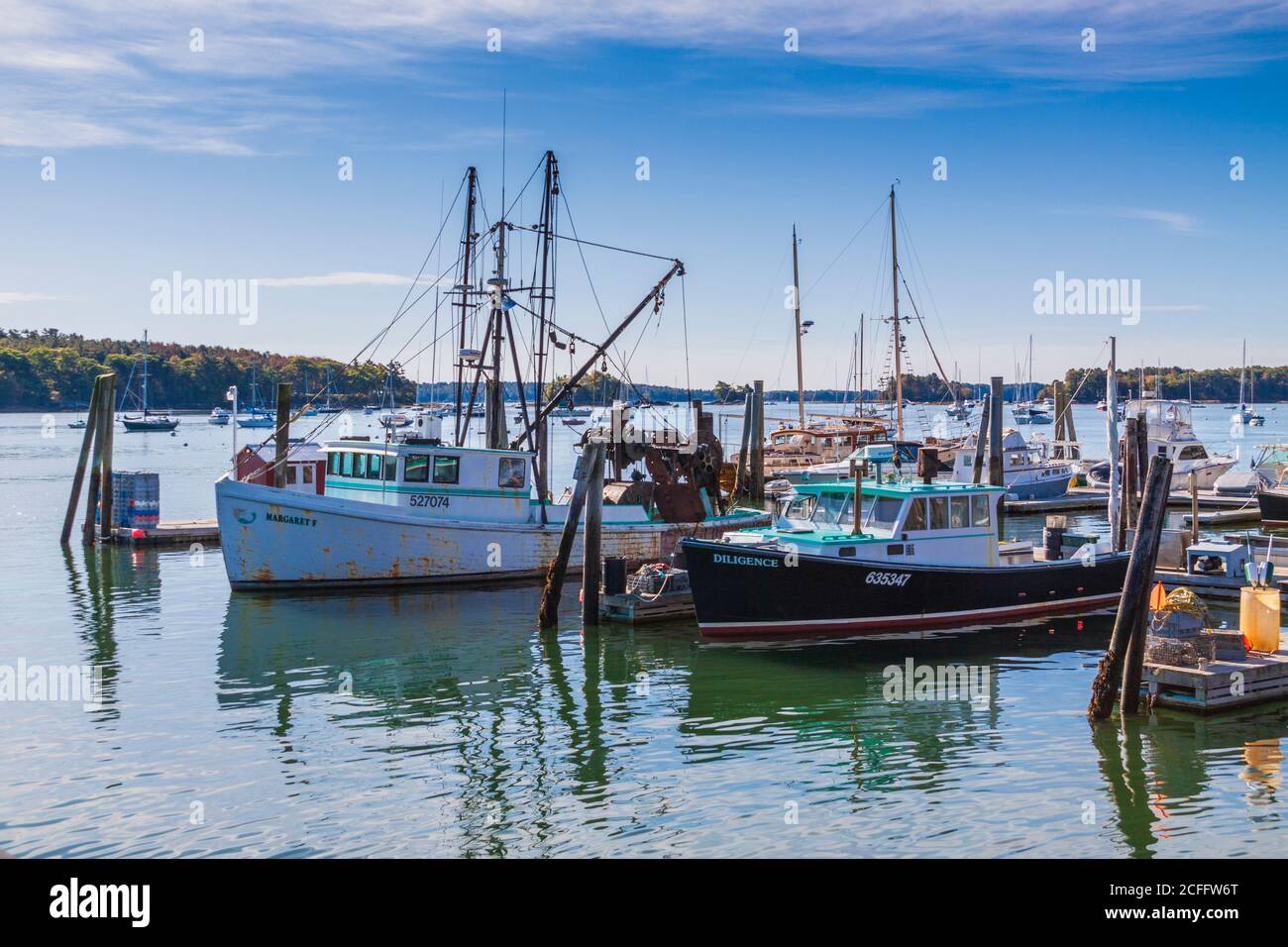 Fishing boats and other boats in South Freeport town harbor, South Freeport, Maine. Stock Photo