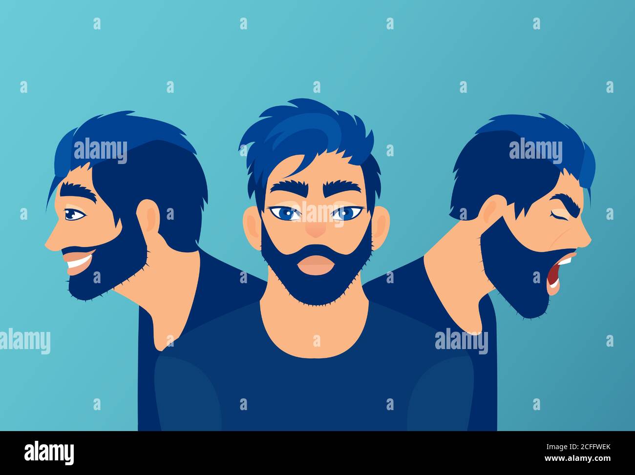 Vector of a young man with mood swings, bipolar disorder expressing anger and happiness Stock Vector