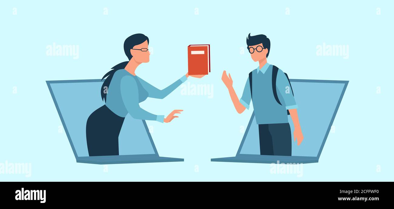 Online education concept. Vector of a teacher sharing knowledge a book with a student via computer network Stock Vector
