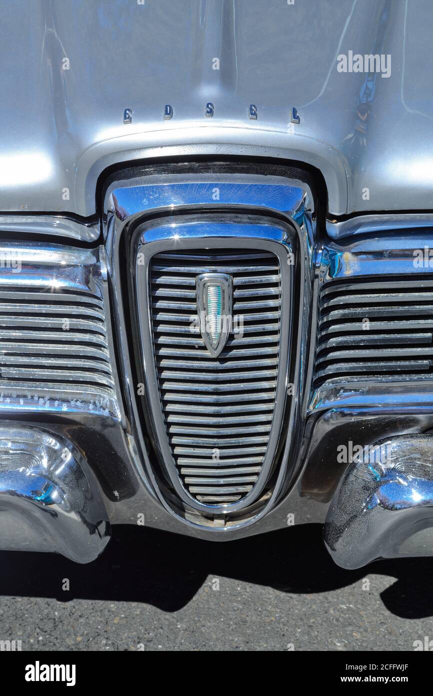 The distinctive 'horsecollar' grille of a Ford Edsel, a notorious marketing flop of the 1950s. The car pictured is a 1959 Edsel Ranger Stock Photo
