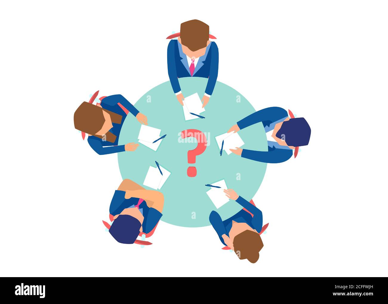 Vector of business people sitting at the round table, brainstorming, solving a problem Stock Vector