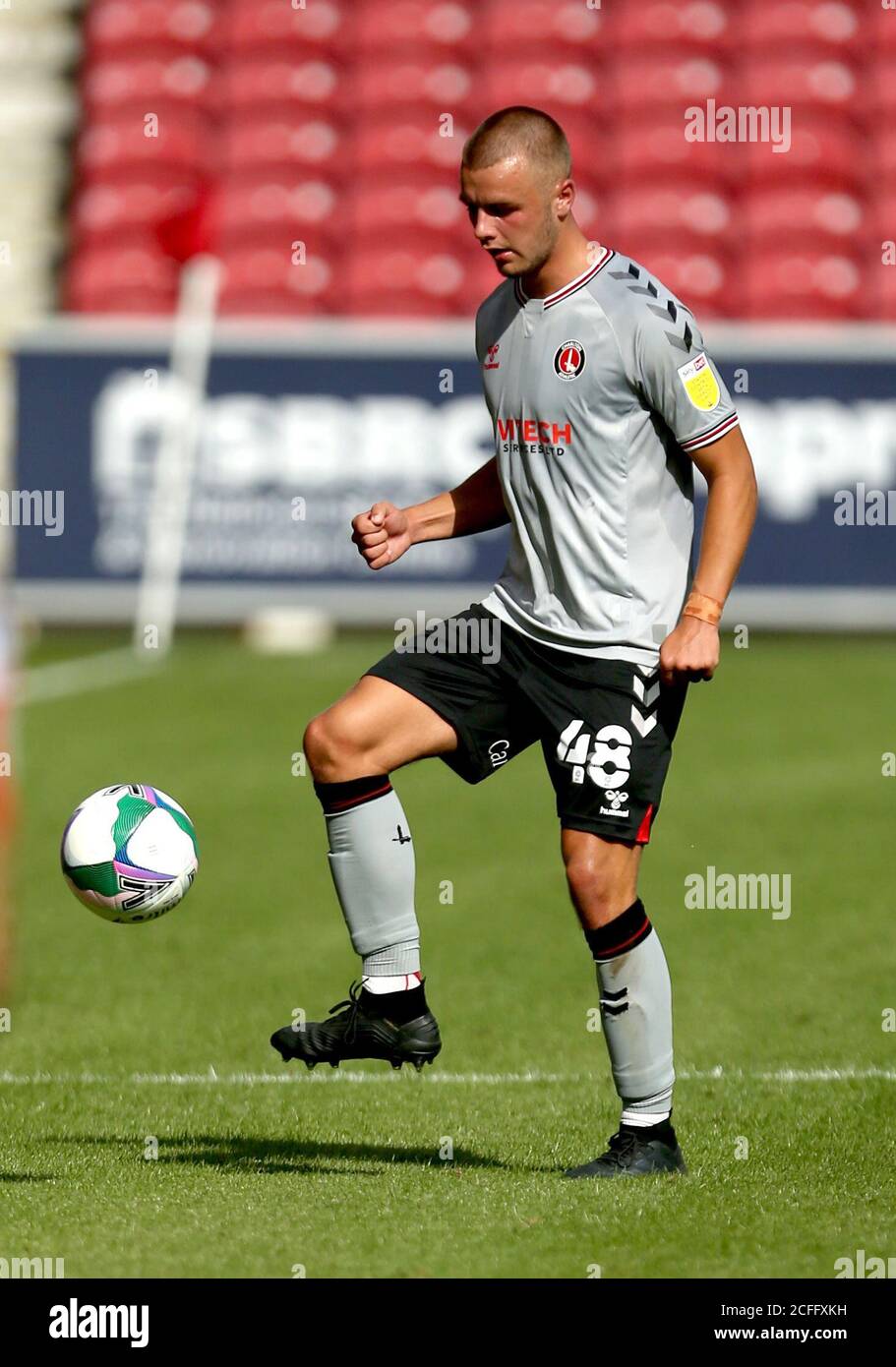 Charlton Athletic's Charlie Barker in action during the Carabao Cup first round match at the County Ground, Swindon. Stock Photo