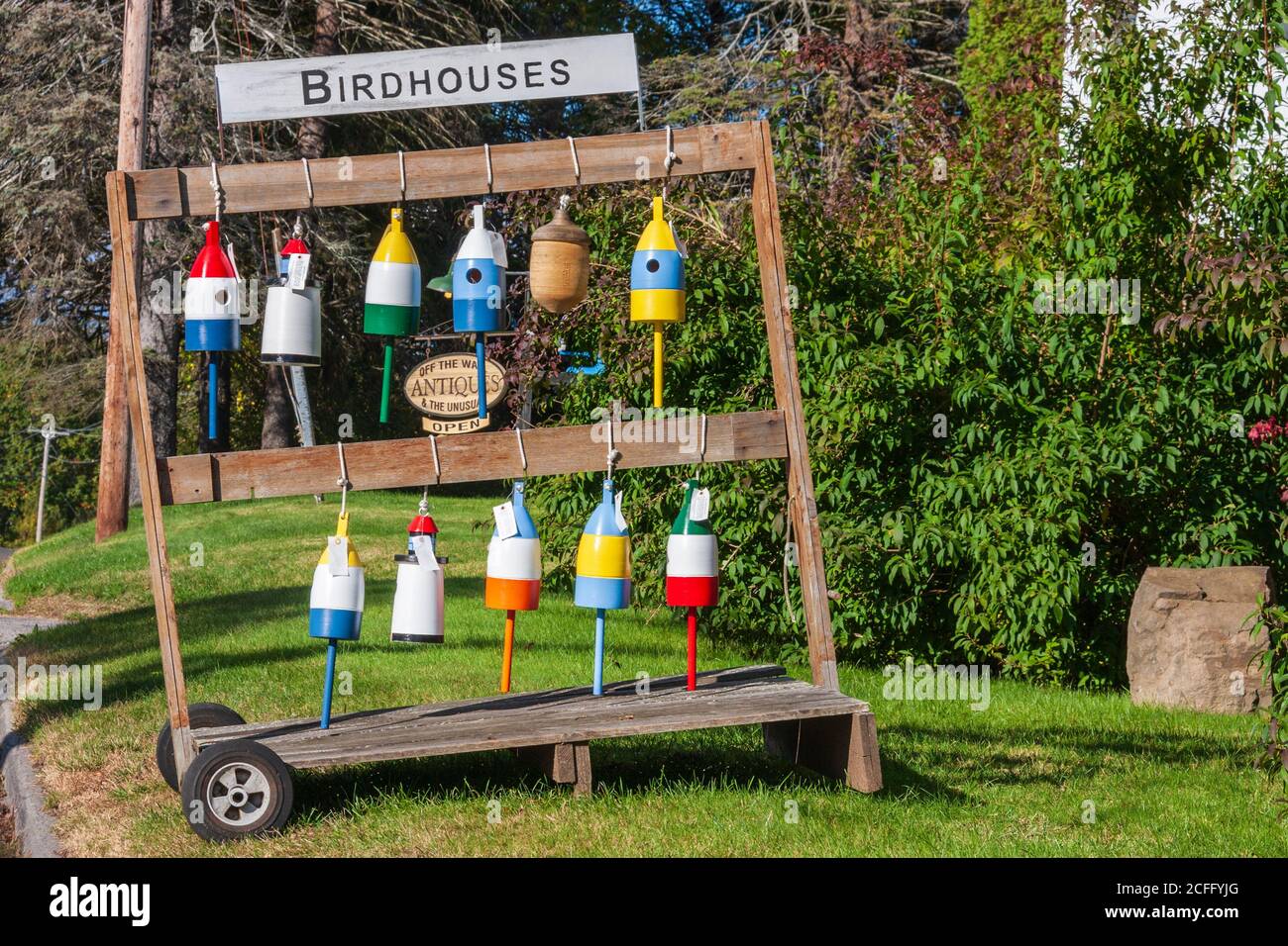 Lobster Buoy bird houses on Cape Elizabeth in Maine. Stock Photo