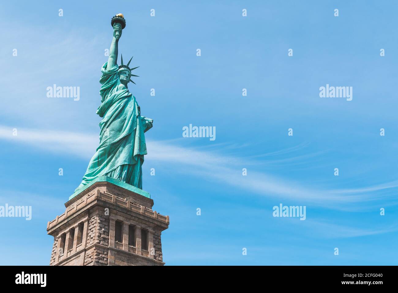 From below of spectacular view of copper Statue of Liberty on Liberty