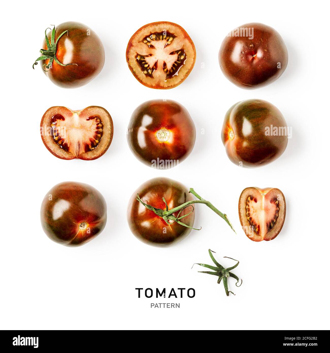 Fresh tomato creative pattern and collection isolated on white background. Food, healthy eating and dieting concept. Sommer brown kumato tomatoes arra Stock Photo