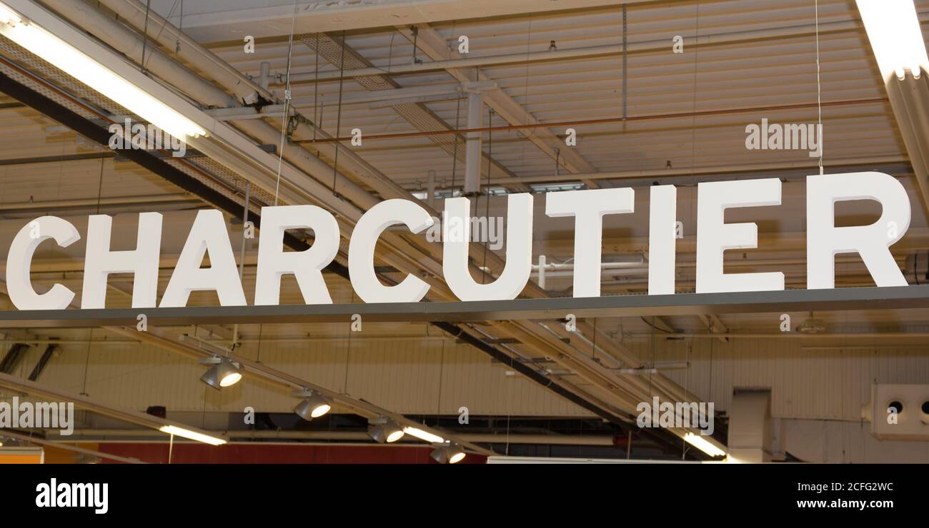 An interior sign of pork butcher means Charcutier in French Stock Photo