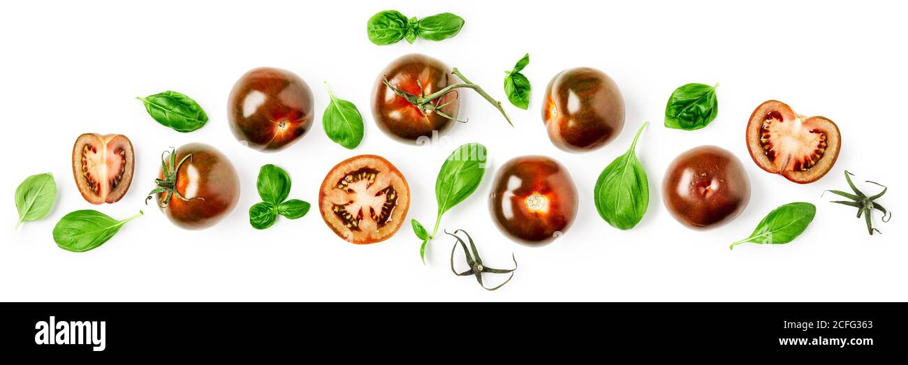 Fresh tomato and basil leaves creative banner and collection on white