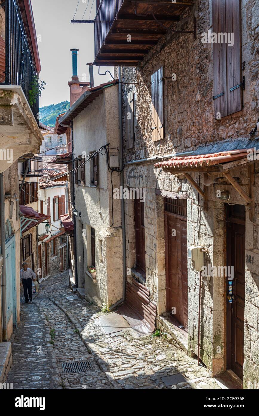 Cobbled lane in he village of Dimitsana on the edge of the Lousios gorge, Arcadia, Peloponnese, Greece. Stock Photo