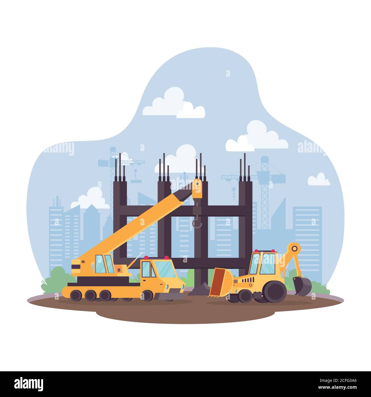 construction crane and excavator vehicle in workplace scene vector